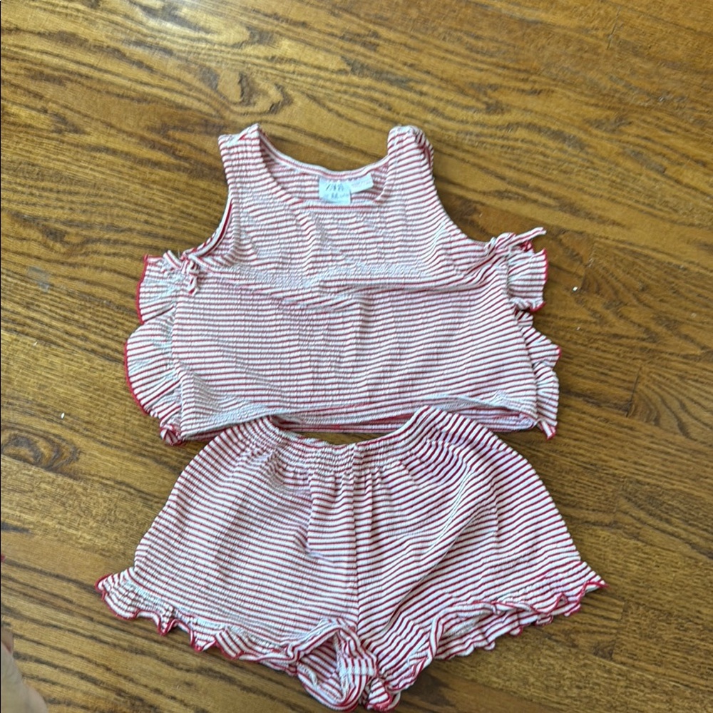 Zara Red and White Striped Kids' Top and Shorts Set
